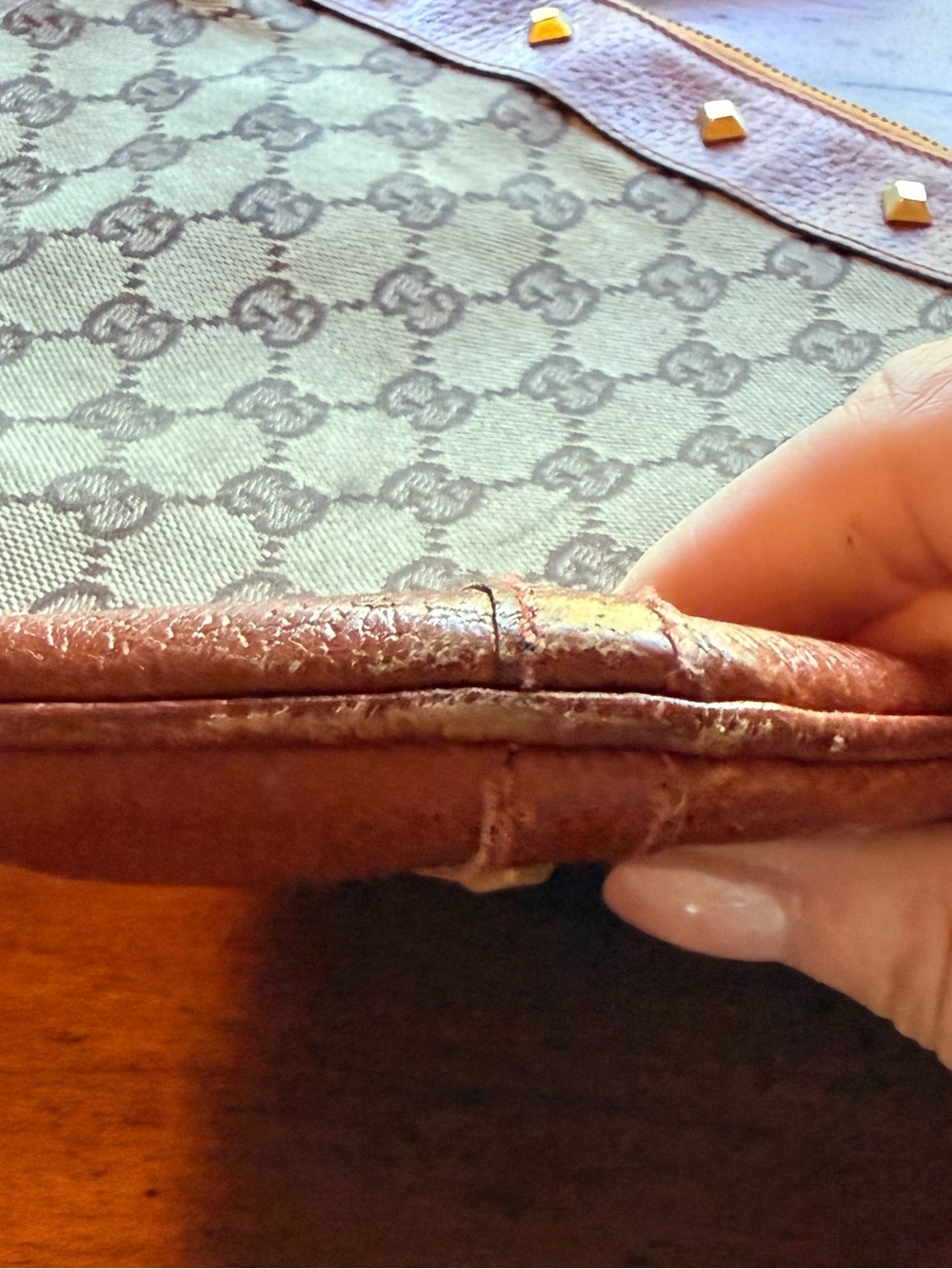 Gucci Nail Head Brown GG Canvas Crossbody with Cognac Leather Trim - Picture 9 of 12